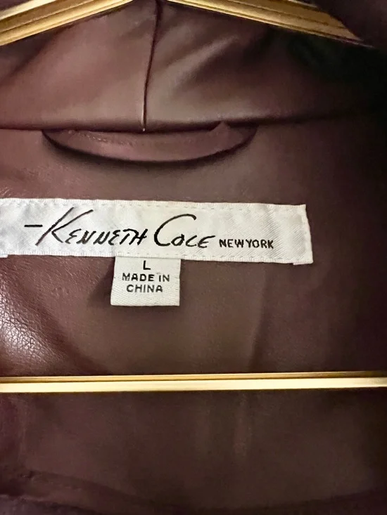 Kenneth Cole Vegan Leather Belted Trench Coat Brown Luxe Minimalist Jacket Sz L - Picture 8 of 15